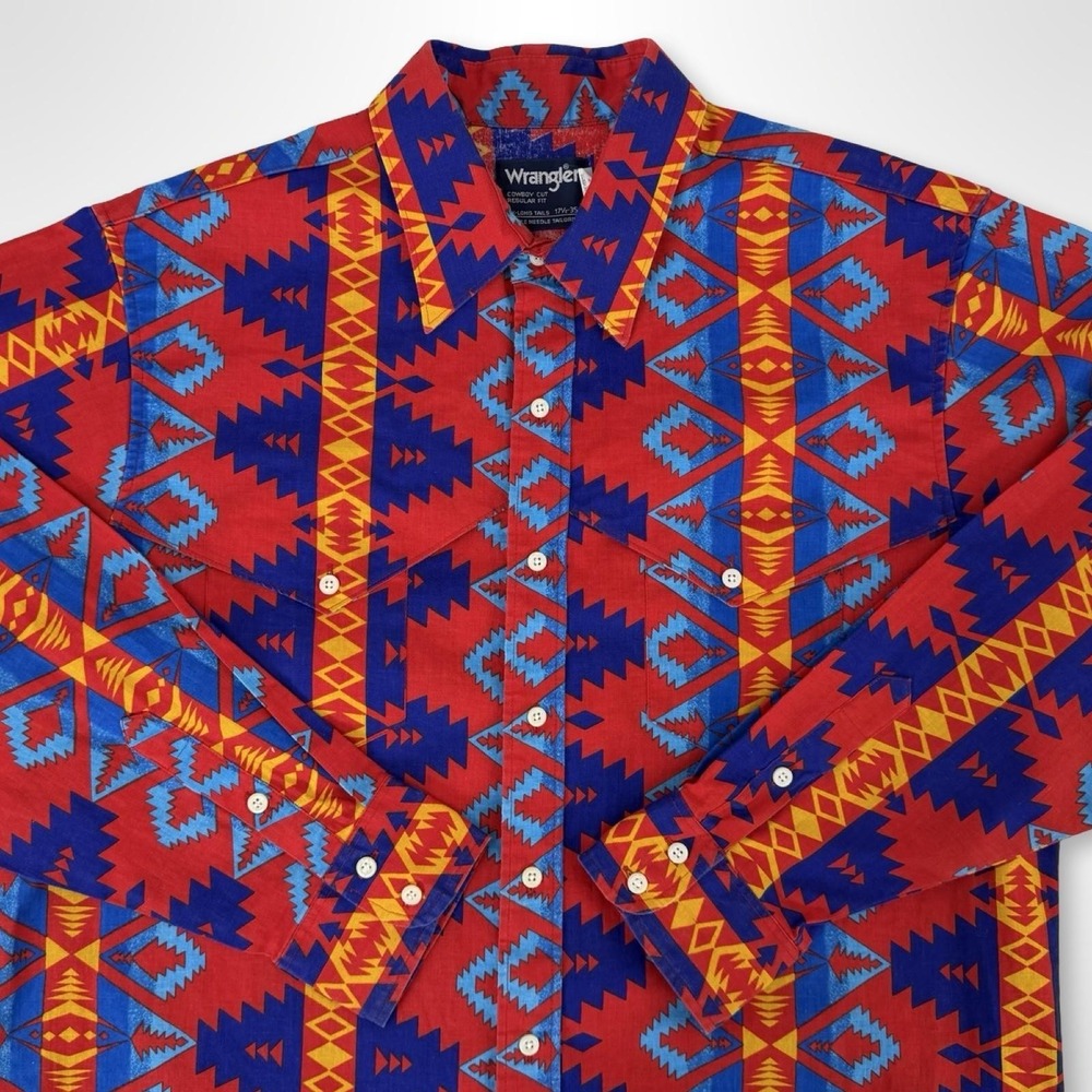 Wrangler Cowboy Cut Mens XL Aztec Western X-Long Tails Shirt - Picture 5 of 7